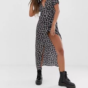 DUÉ PER DUÉ Vintage SILK | Black Midi Dress White Flowers + Polka Dots Size 4